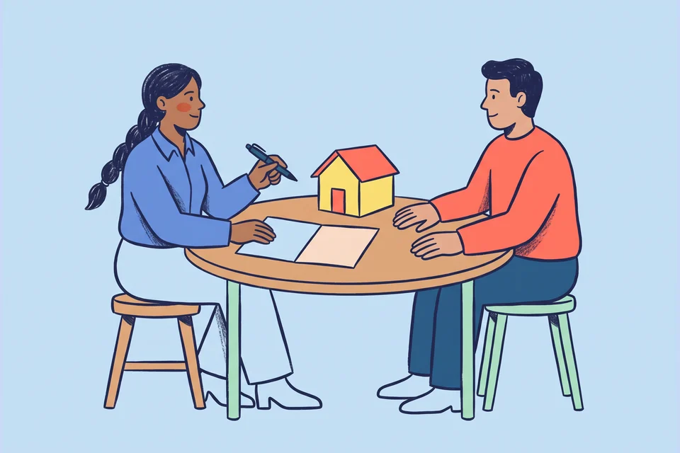 A finance adviser and client discuss a mortgage beside a small house model.
