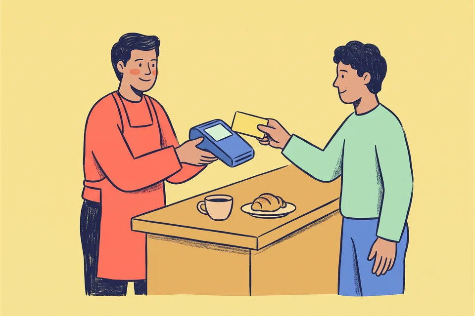 A cafe customer holds a card near a payment terminal.