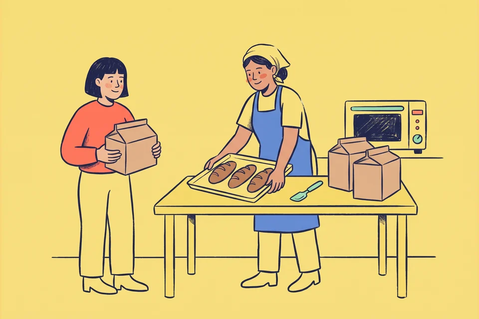 Two food production workers prepare bakery products for packing.