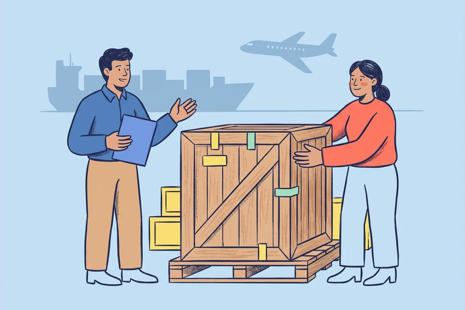 A freight forwarder and warehouse operator review a shipping crate.