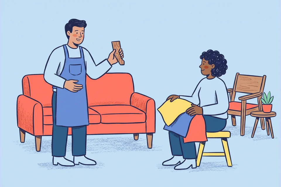 A furniture maker presents a material sample beside a sofa.
