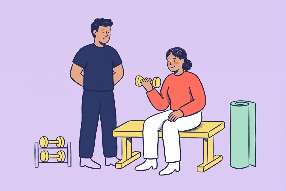 A personal trainer guides a gym member through a seated dumbbell movement.