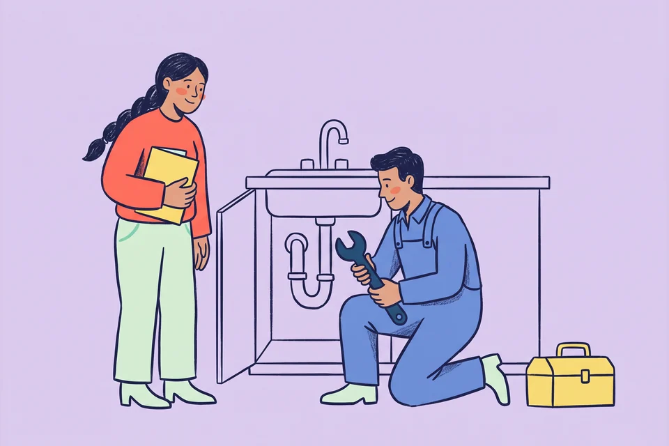 A maintenance technician inspects a pipe beneath a sink while a homeowner looks on.