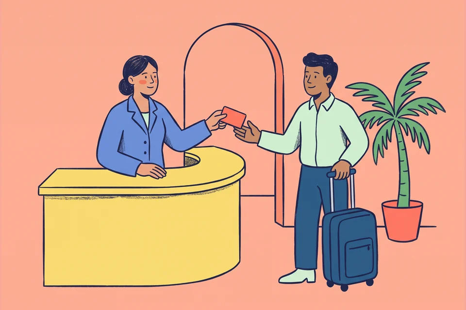 A hotel receptionist welcomes a guest with a key card beside a rolling suitcase.