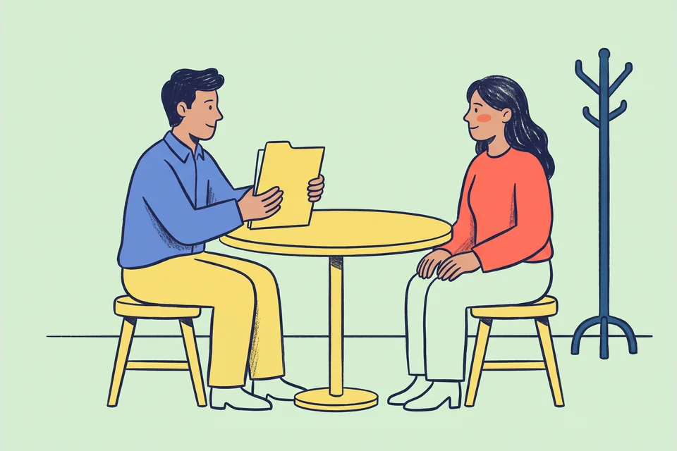 A recruitment consultant welcomes a candidate to an interview.