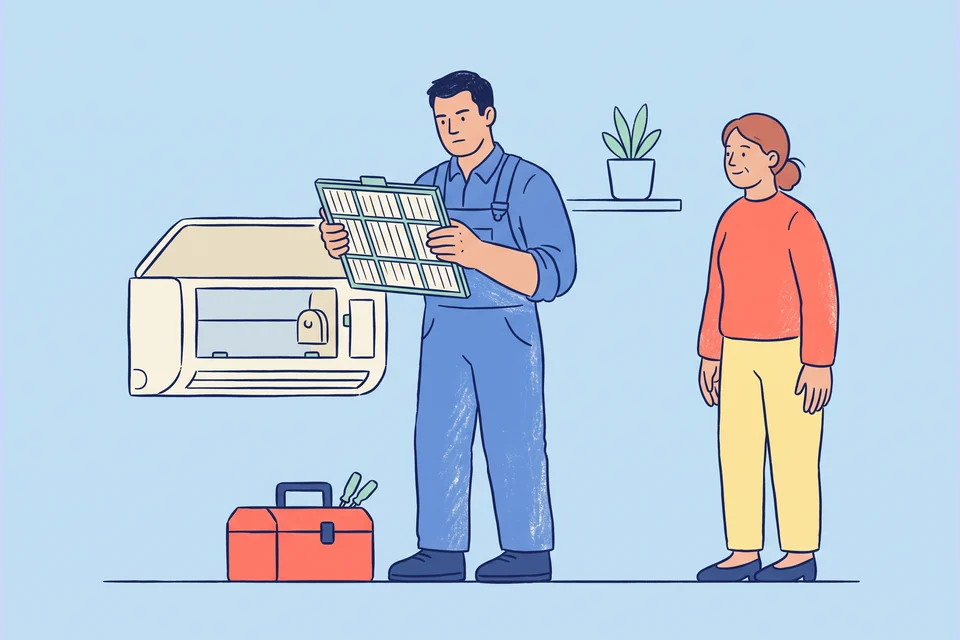 An air-conditioning technician shows a filter to a customer beside an AC unit.