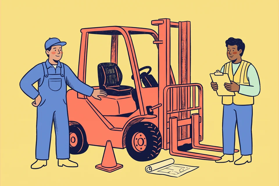 An equipment specialist presents a parked forklift to a customer.