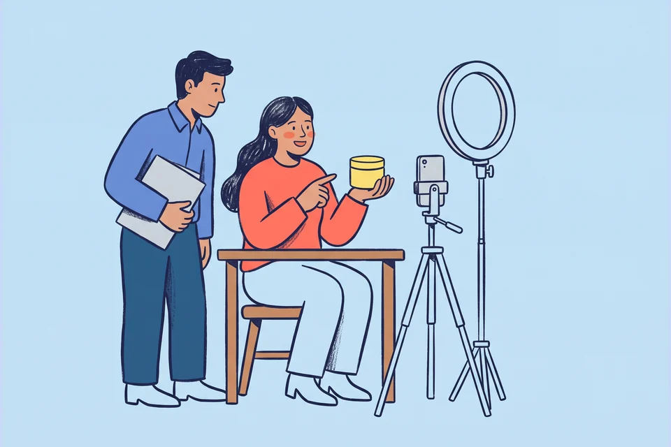 A creator and producer prepare a skincare product video with a phone on a tripod.