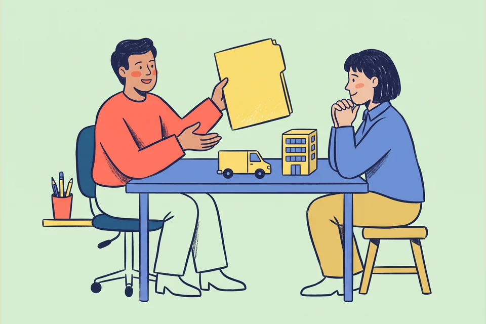 An insurance adviser and business client review a policy beside model business assets.