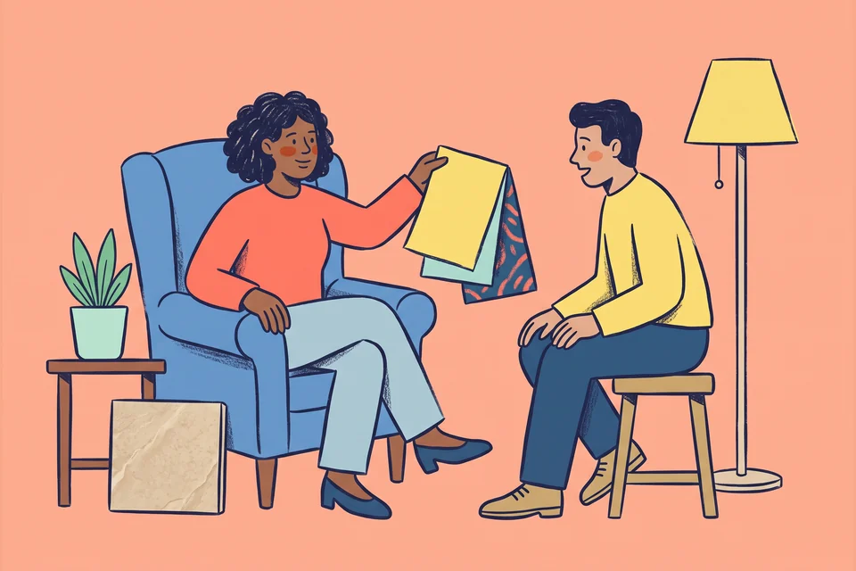 An interior designer shares fabric samples with a client beside an armchair.