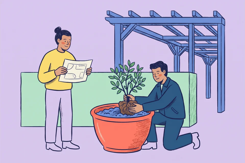 A gardener positions a shrub in a planter while a villa owner reviews a garden sketch.