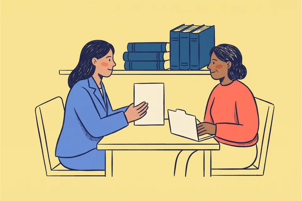 A lawyer reviews a document with a client in a consultation room.