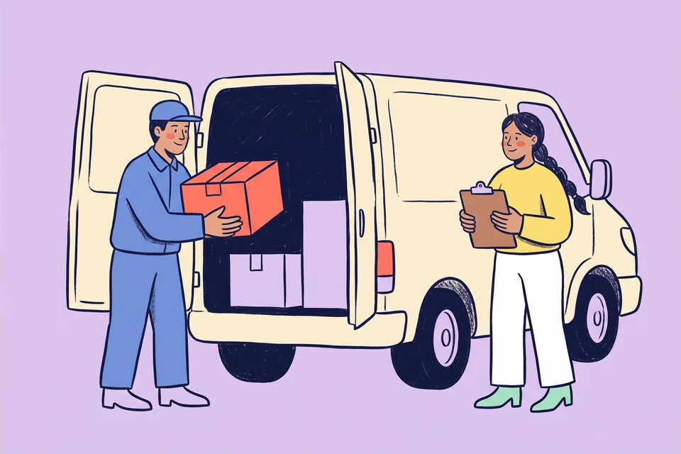 A courier and dispatcher prepare a parcel beside a delivery van.