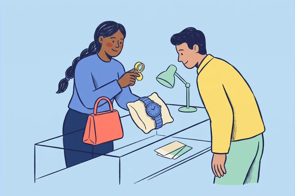 A luxury resale specialist shows a watch and handbag to a customer.