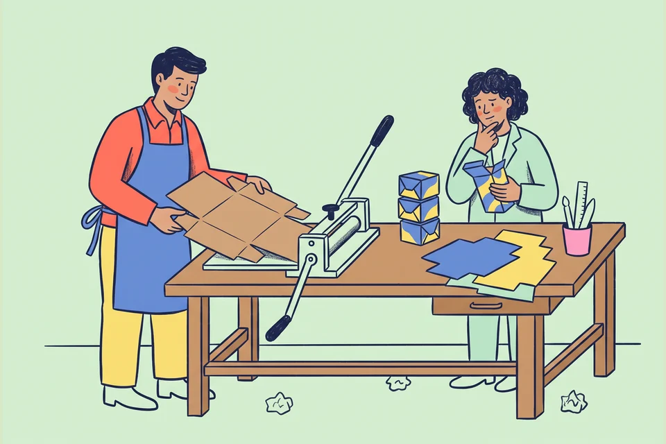 Two packaging makers inspect carton samples in a small manufacturing workshop.