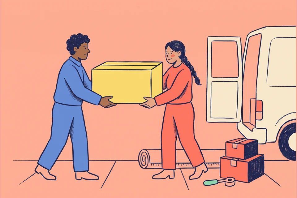 Two movers carry a box beside a moving van and packed household items.