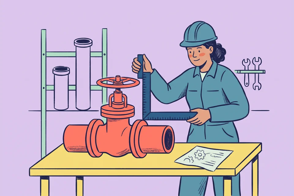 An oilfield equipment specialist inspects a pipe valve at a workbench.