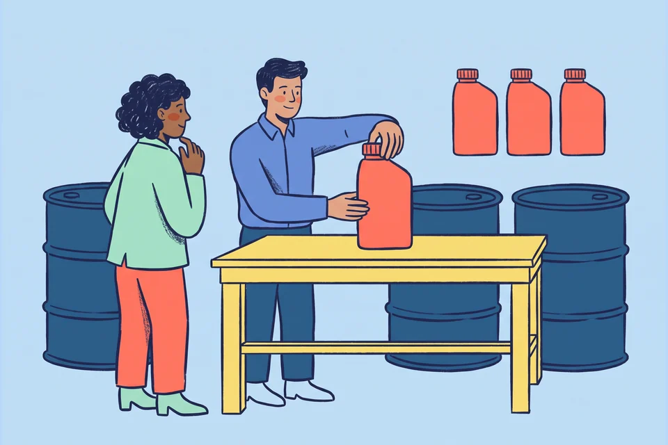 A lubricant supplier presents a sealed product sample to a trade buyer.
