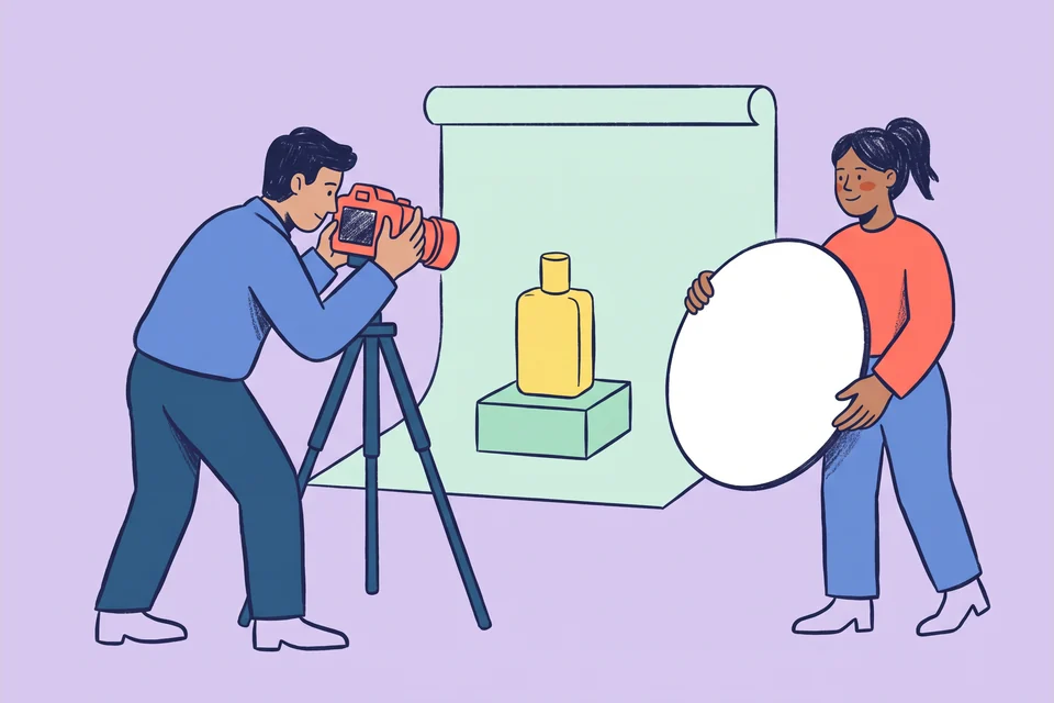 A photographer and assistant light a perfume bottle for a product shoot.