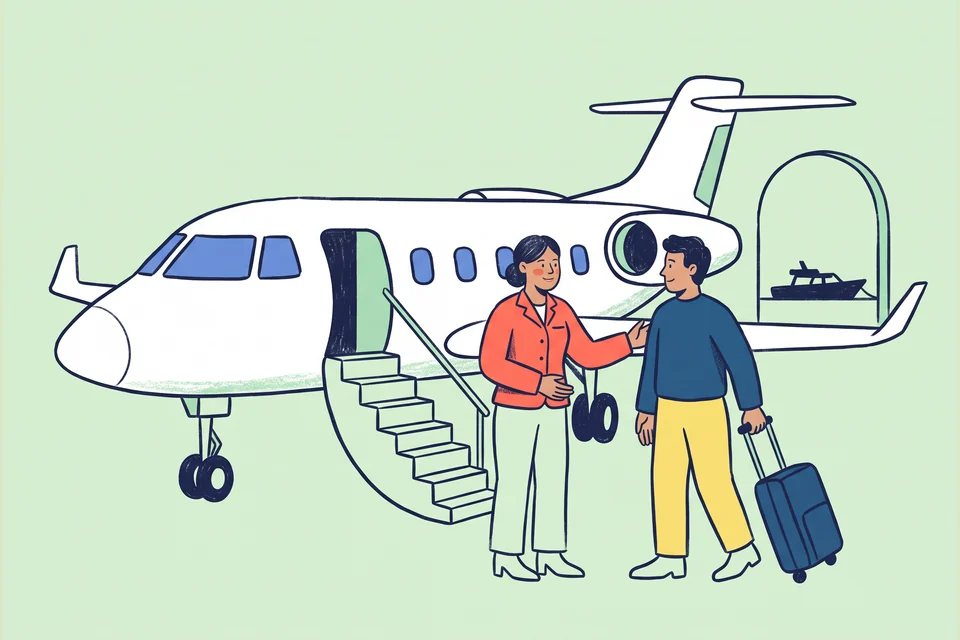 A flight host welcomes a traveller beside a private jet.