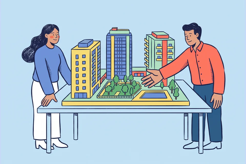 Two people review a residential development model with towers and a courtyard.