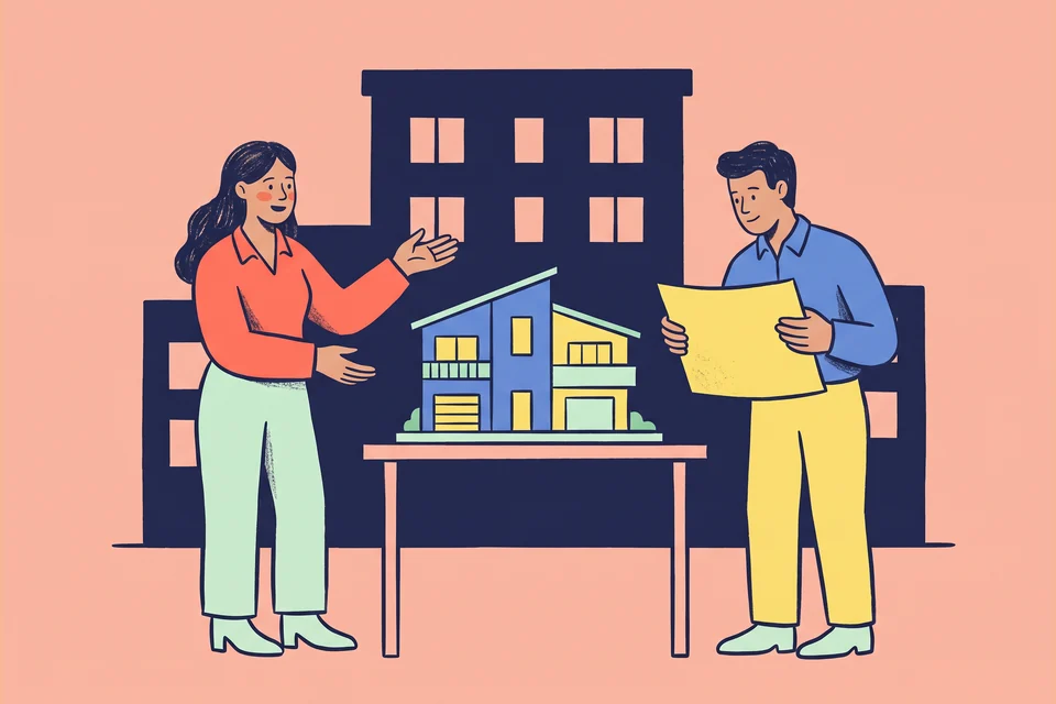 A property agent presents a villa model to a buyer holding a floor plan.
