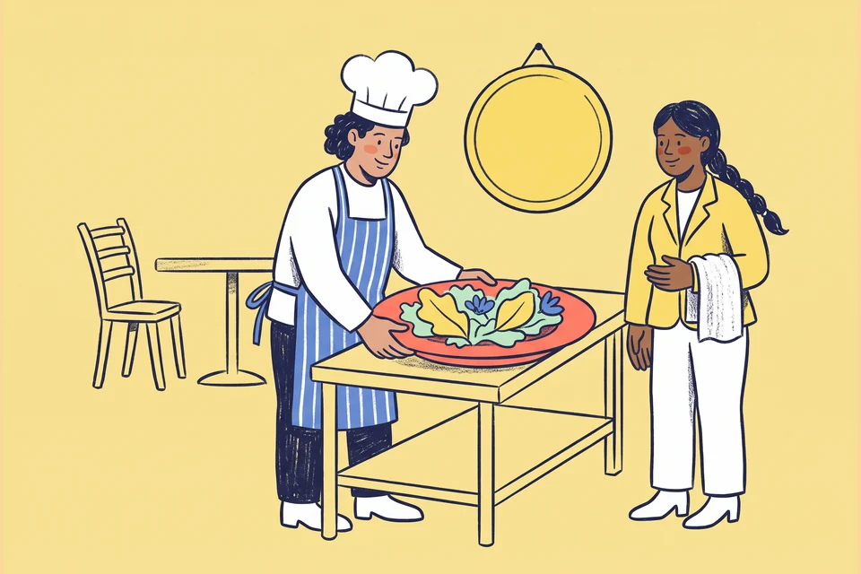 A chef and server prepare a dish at a restaurant pass.