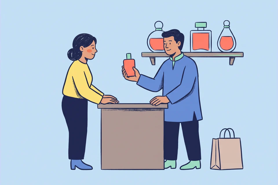 A boutique shopkeeper presents a perfume bottle to a customer.