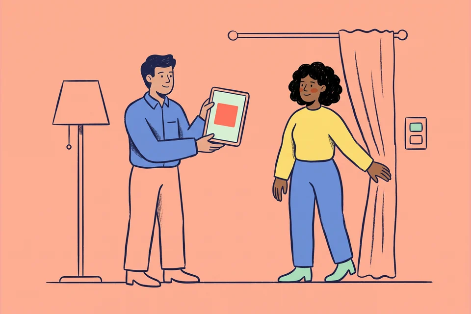 A smart-home installer demonstrates a tablet control to a homeowner.