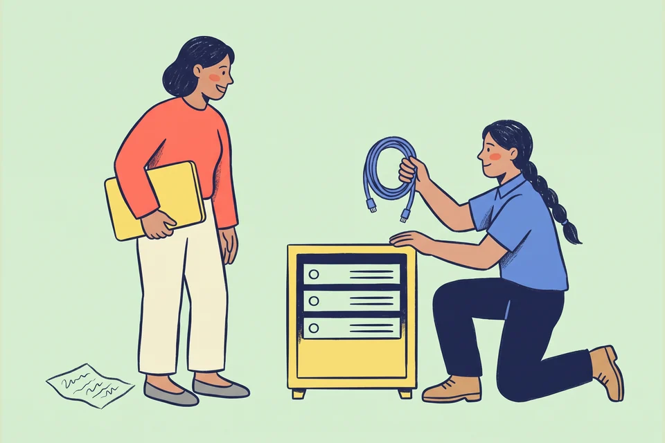 An IT technician discusses office equipment with a client beside a server cabinet.