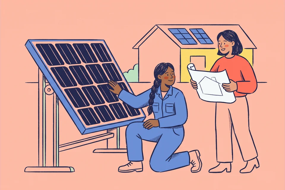 A solar installer explains a panel system to a villa owner.
