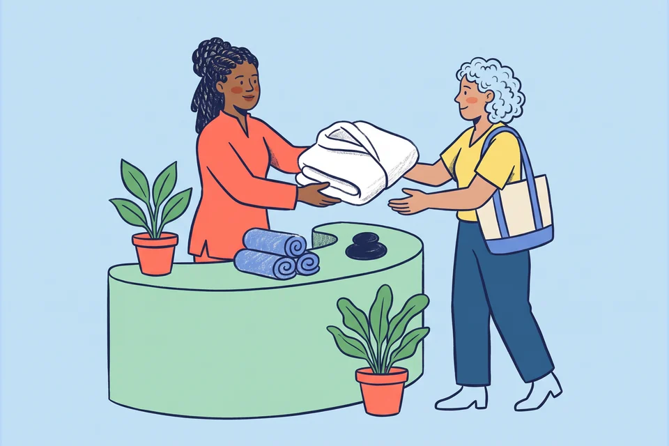 A spa receptionist hands a folded robe to an arriving guest at the front desk.