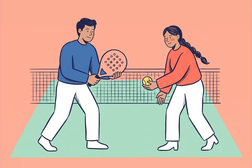 A padel coach demonstrates a racket angle to a player on court.