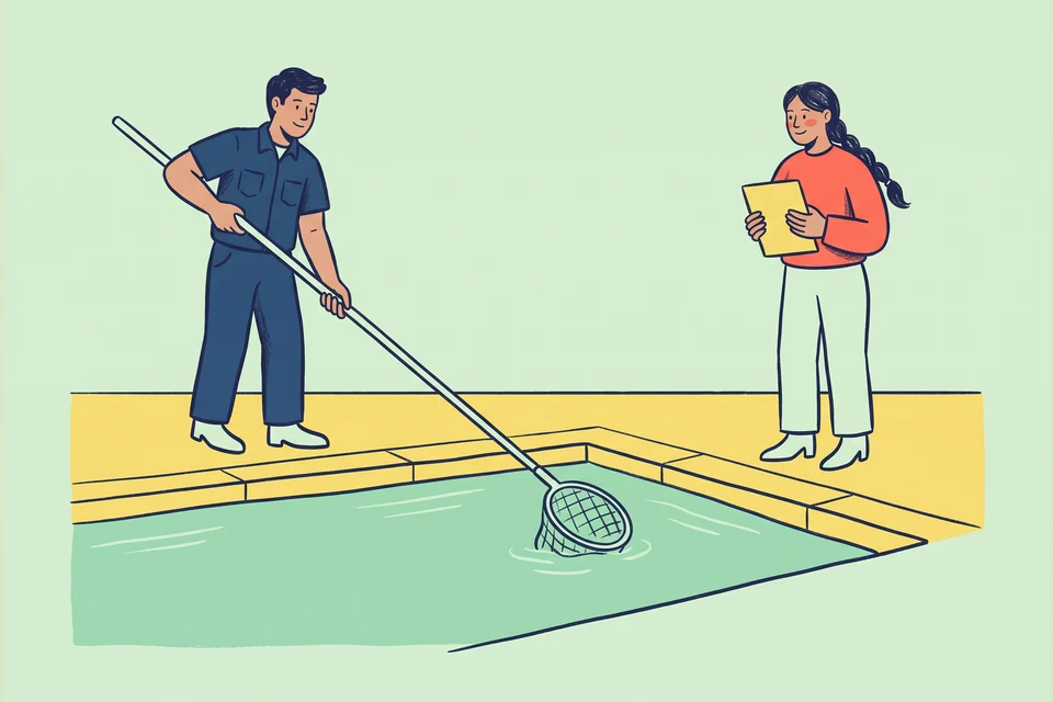 A pool technician demonstrates a skimmer beside a villa swimming pool.