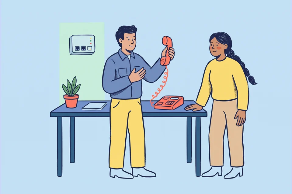 A telephony installer demonstrates an office desk phone to a business owner.