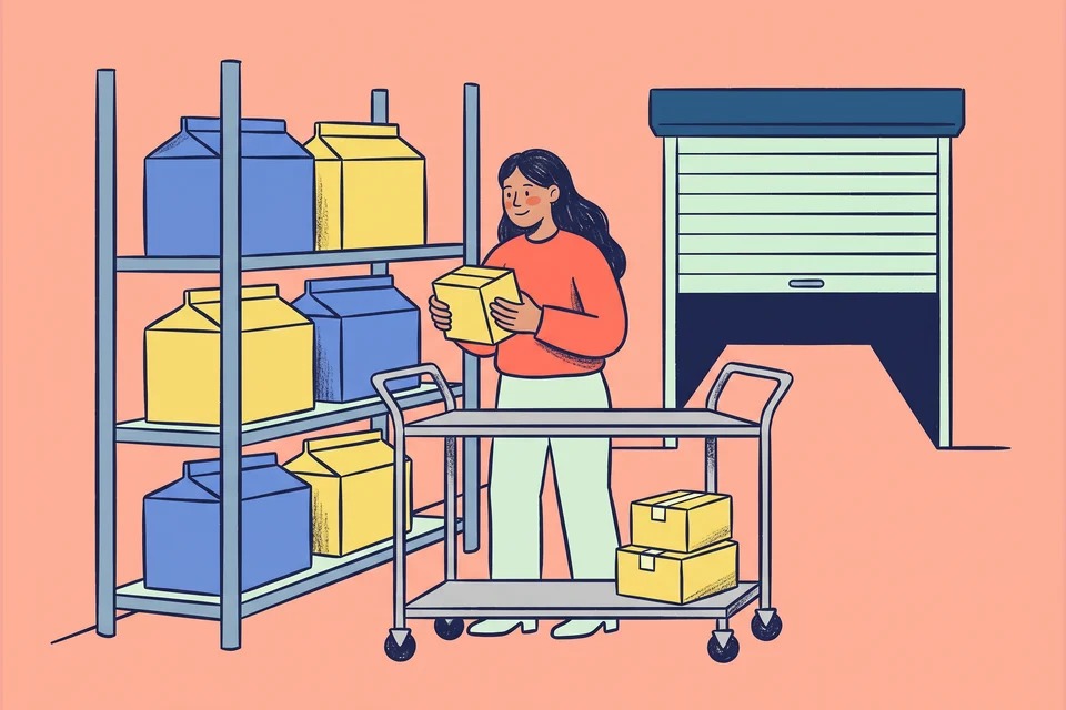 A warehouse picker prepares a carton beside shelves and a picking trolley.