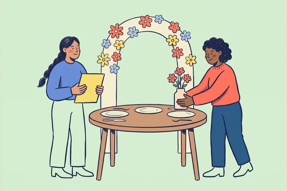 A wedding planner and florist arrange a table beneath a floral arch.