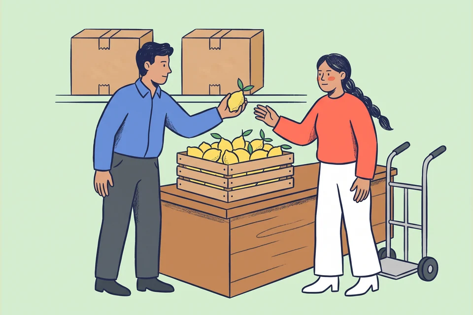 A wholesale supplier shows fresh produce to a restaurant buyer.