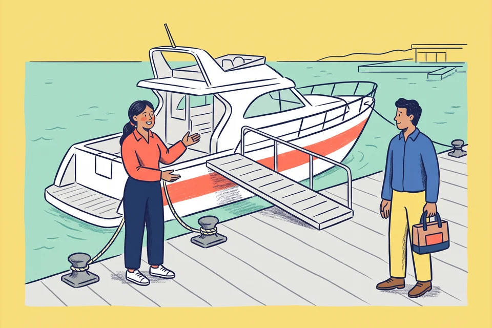 A charter host welcomes a guest beside a yacht moored at a marina.