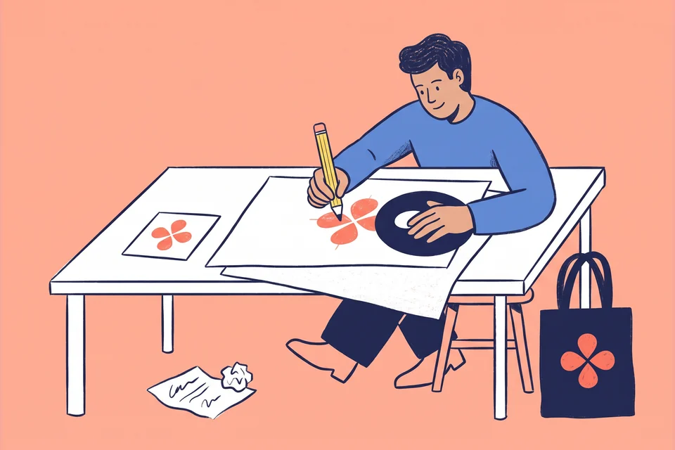 A designer draws a coral emblem and checks it on a small card and a tote bag.