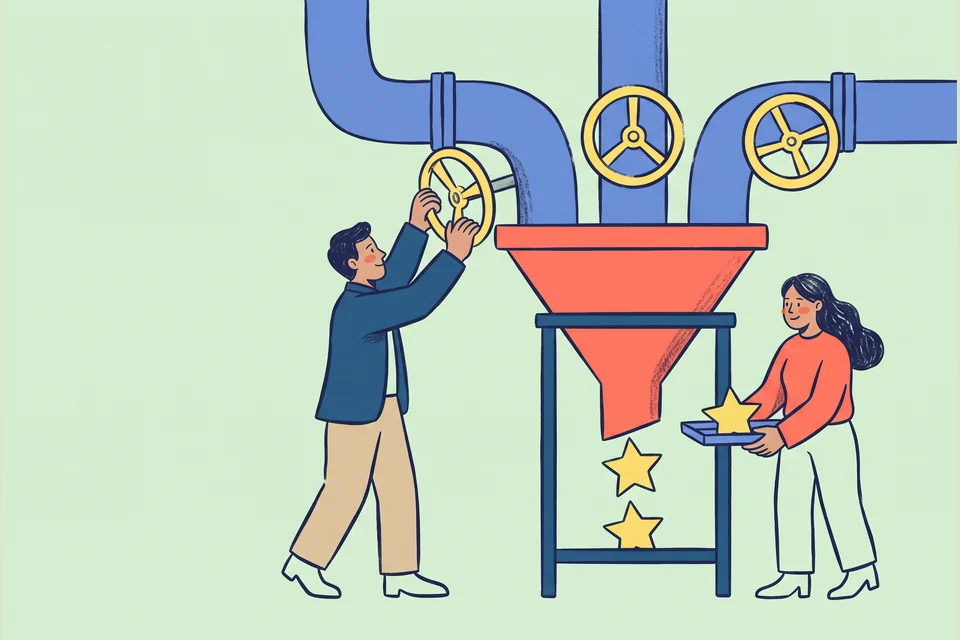 A marketer turns a valve on one of three pipes while a colleague catches stars falling from a funnel.