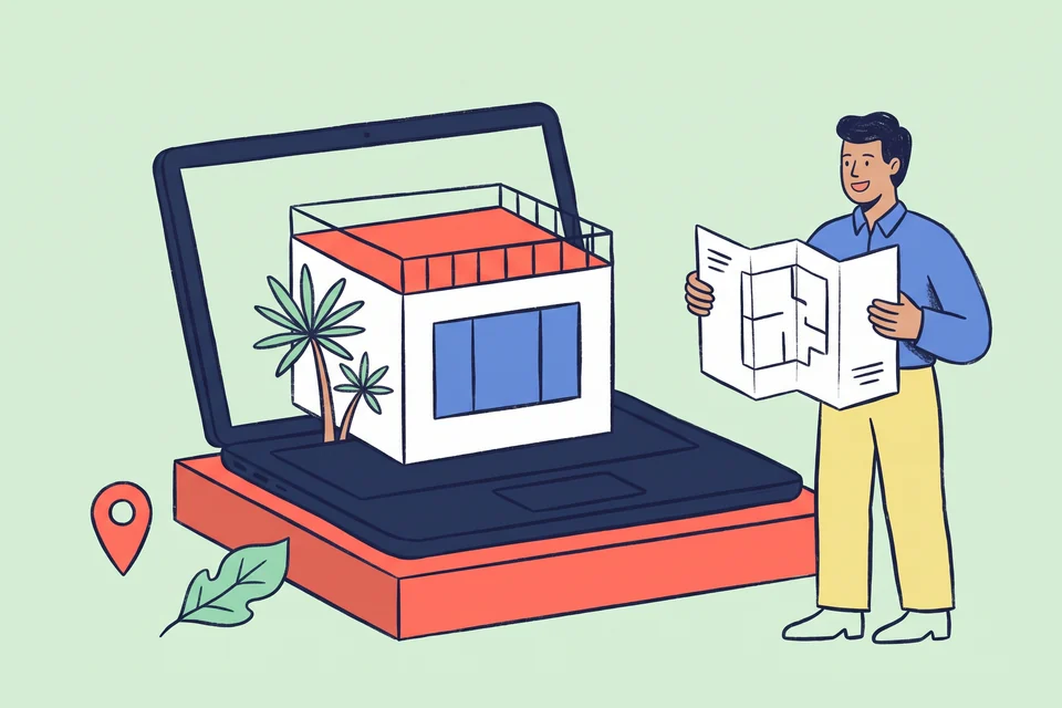 A consultant presents a floor plan beside a villa emerging from a laptop.