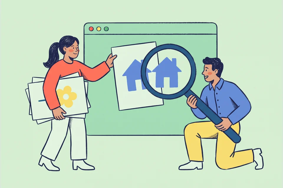 Two people use a magnifying glass to find a relevant page among illustrated cards.