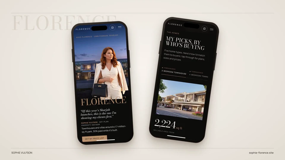 Sophie Florence website showcase with desktop layouts, mobile screens and property pages